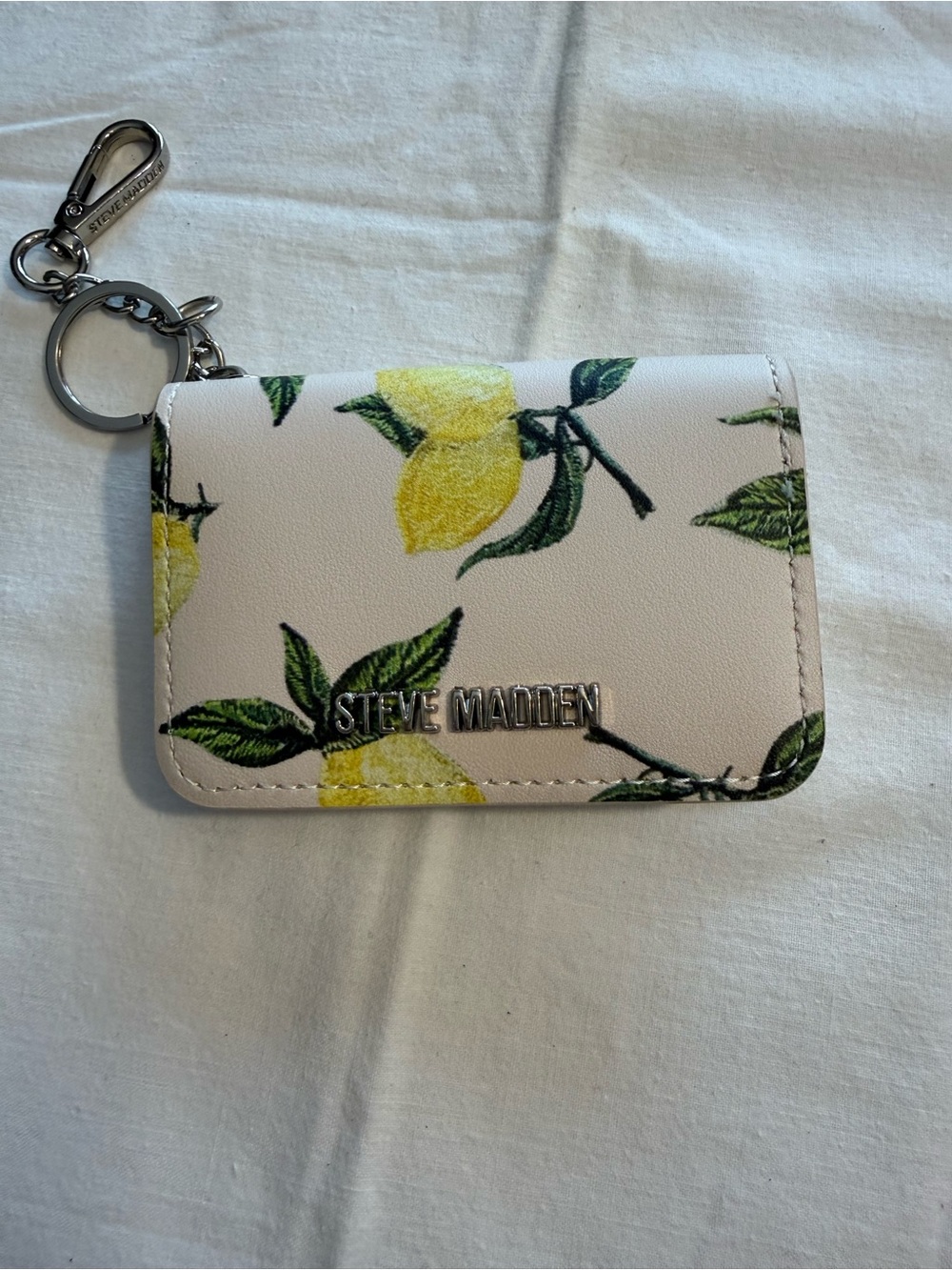Steve Madden White Lemon Print Card Holder with Key Ring